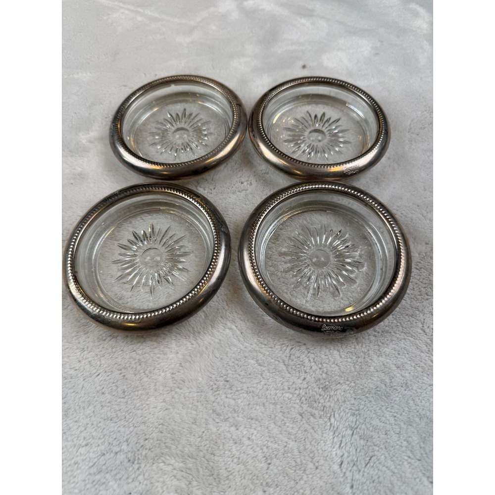 Set of 4 Leonard Silverplate Glass Coasters Made‎ in Italy Starburst Design